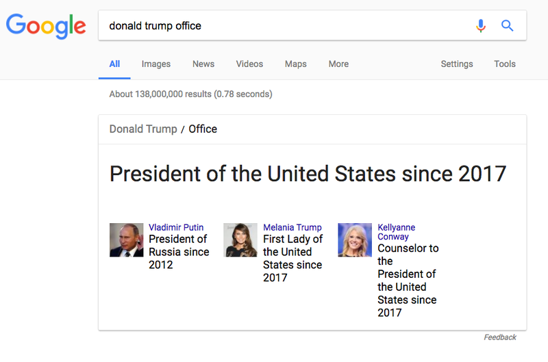 Screenshot of the search results on Google when you search “donald trump office”, yielding Vladimir Putin, Melania Trump, and Kellyanne Conway (Screenshot/Google)
